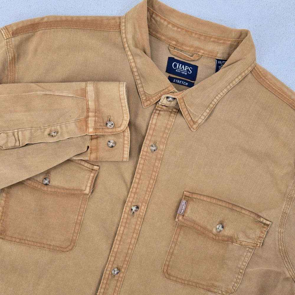 Chaps XXL Button Down Shirt Mens Tan Workwear Stretch Long Sleeve Utility
